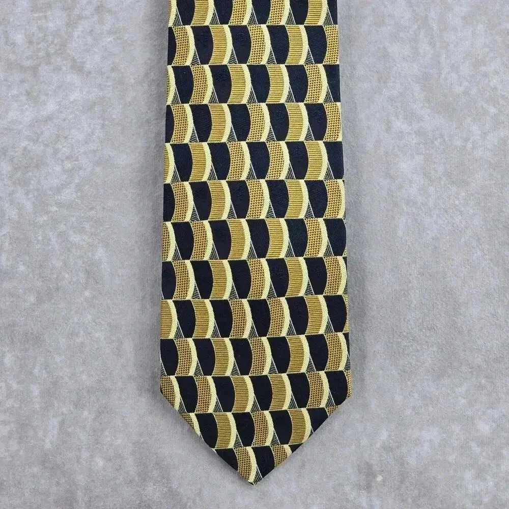 Jun Ashida Gold Blue Geometric‎ 100% Silk Neck Tie NWOT